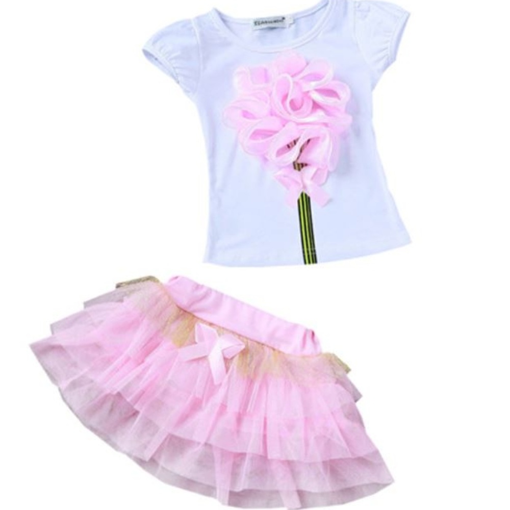 (C) Girls Flower T-Shirt and Tutu Skirt Outfit in Pink